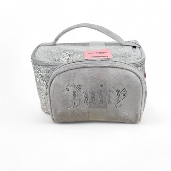 Juicy Couture Cosmetic Makeup Bag Silver Glitter & Terry Velour Train Duo Set - Picture 4 of 6